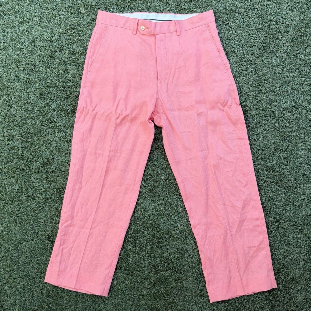 Paul Fredrick 100% Linen Dress Pants Coral Pink Mens Size 33 Flat Front Vacation